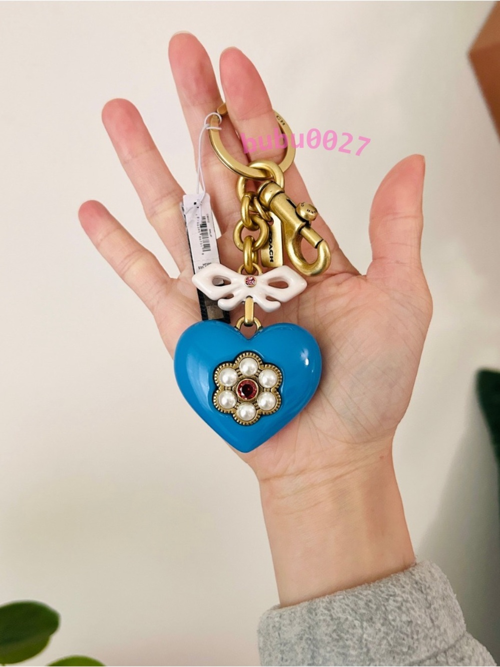 NWT💙Coach Blue Heart Bag Charm CBH12 Keychain Bow Pearl Flower Gift - Picture 3 of 6
